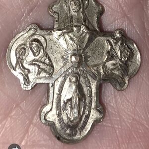 Religious Miraculous Medal Cross Pendant - Silver Tone